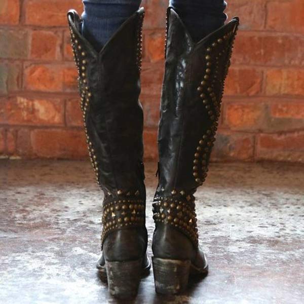 High boots with metal studs and cobby heel