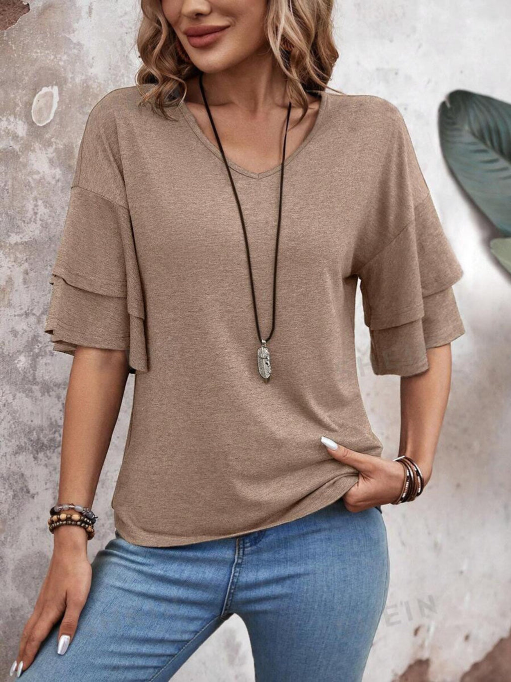Women's - V-Neck Half Sleeve Blouse - Soft Fabric - Stylish Top