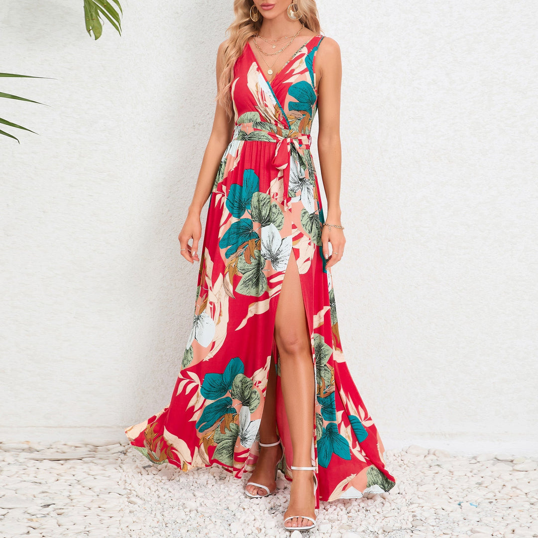 Summer fashion waist tie slit design sleeveless dress