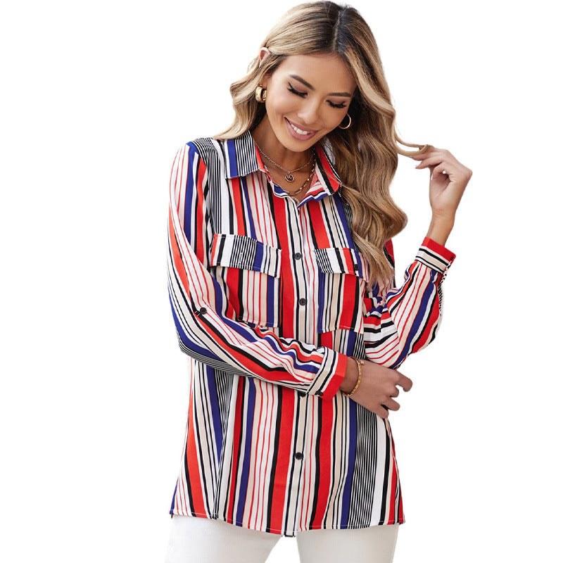 Classy women's striped blouse design lapel single-breasted