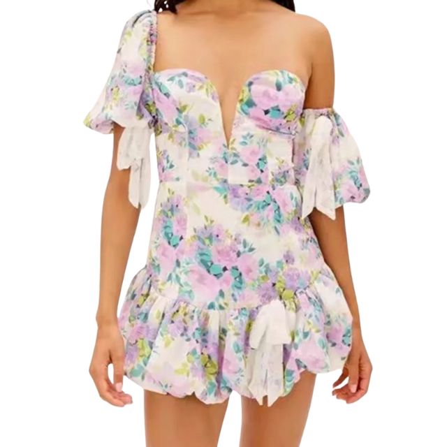 Off-the-shoulder playsuit with lace trim and floral pattern