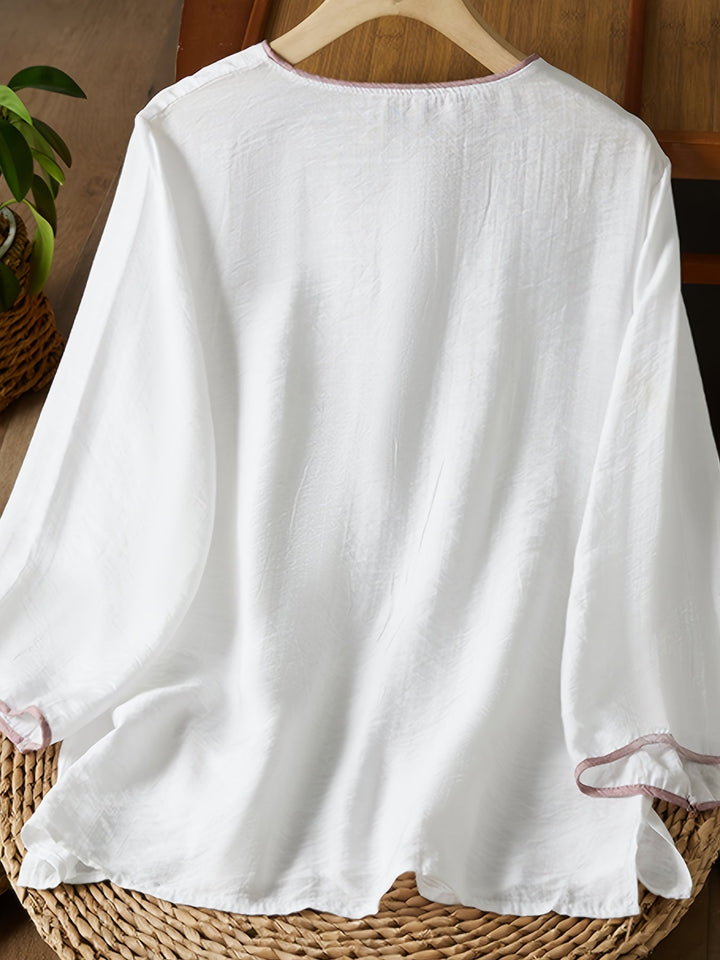 Women's - Linen Shirt - Women's 3/4 Sleeves, Pearl Buttons & Embroidery, Retro Style with Slanted Hem
