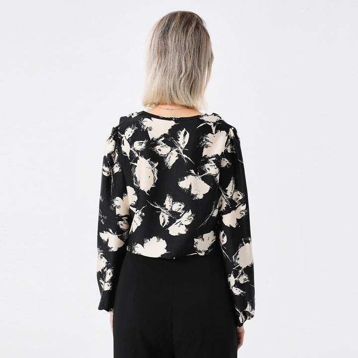 Elegant Ladies Print Front Drop Collar Blouse