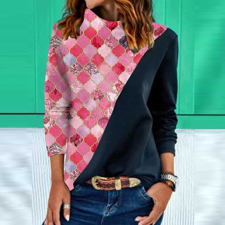 Women's Geometric Design long sleeve blouse with rounded collar