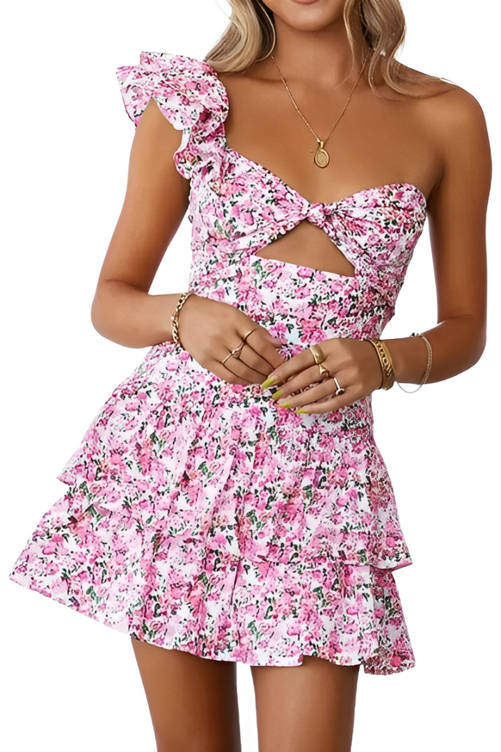 One-shoulder dress with floral ruffles