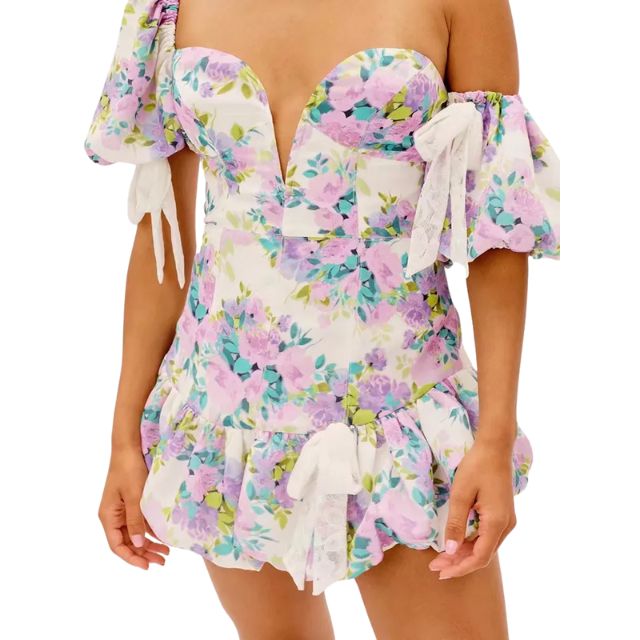 Off-the-shoulder playsuit with lace trim and floral pattern