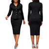 Two-piece ladies' suit with white collar and long sleeves