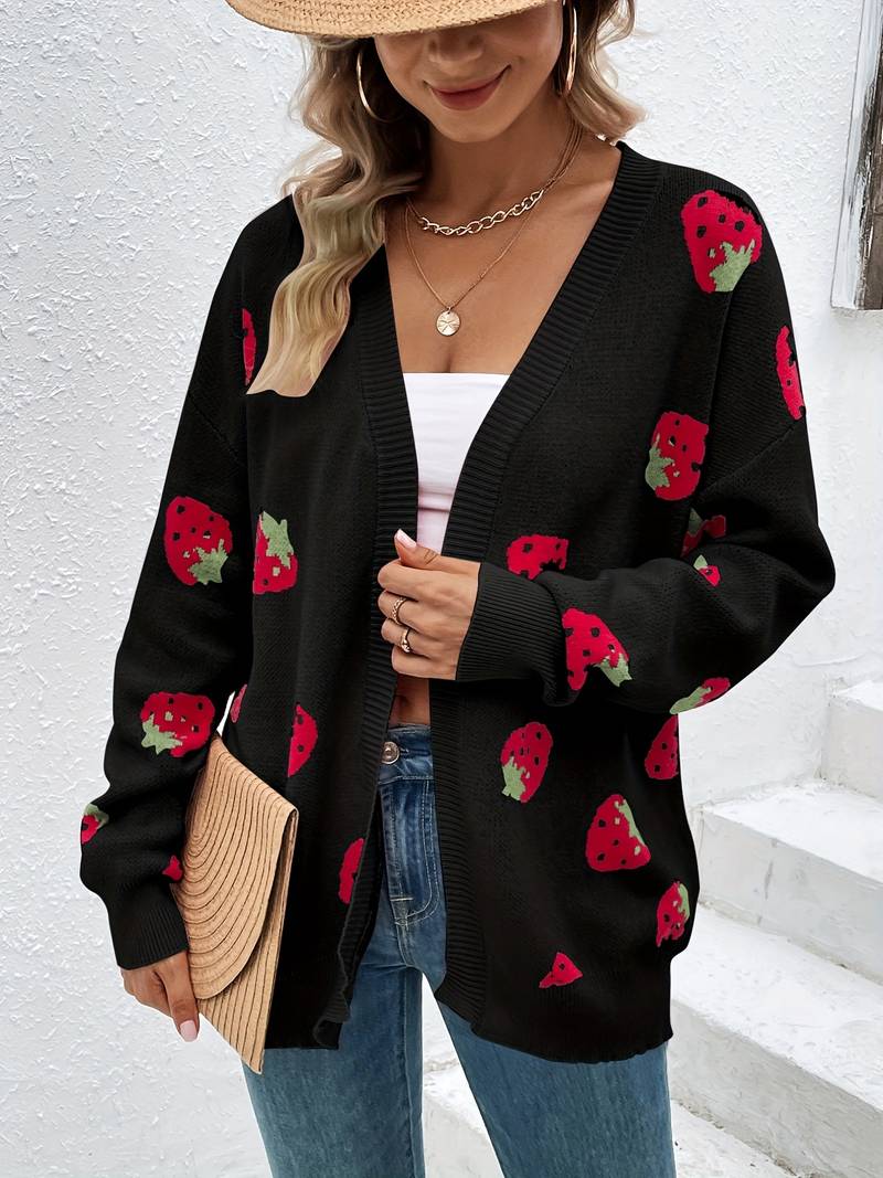 Stylish cardigan with long sleeves and strawberry print for autumn and spring