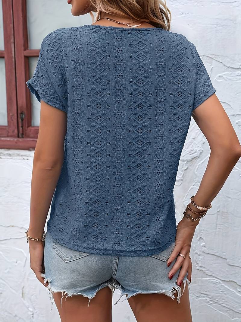 T-shirt with slit neckline and openwork embroidery