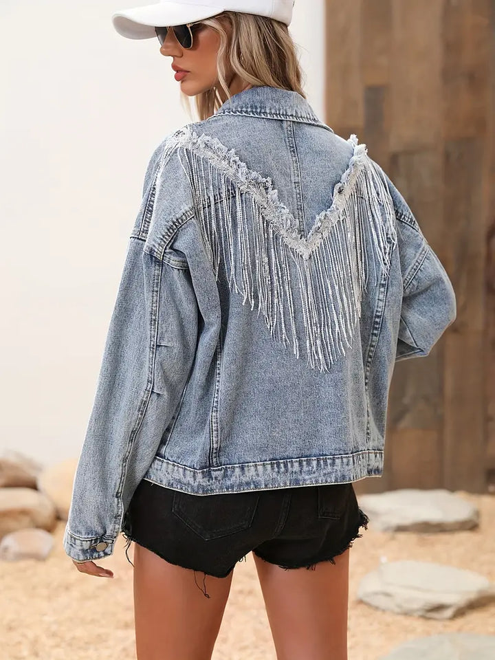 Light blue denim jackets with tassels and sequins