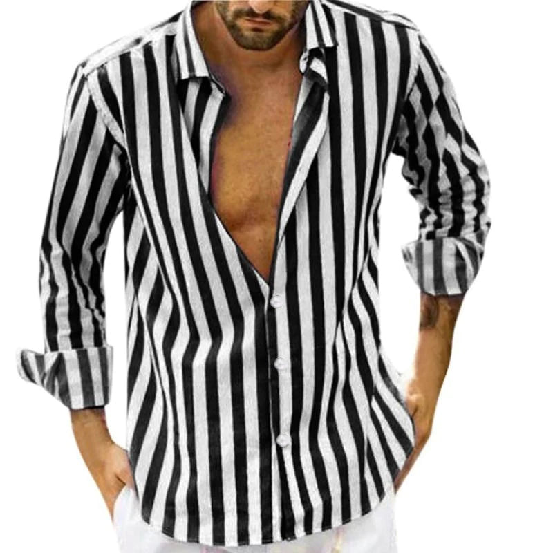 Long-sleeved men's shirt with striped lapel