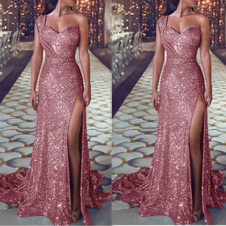 One-shoulder sleeveless bronze dress slit long skirt