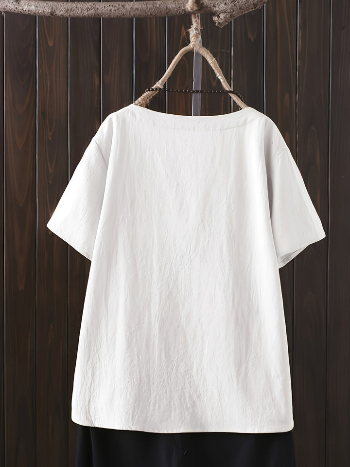 Women's - Oversized Linen Shirt - Casual Short-Sleeved Jumper with Print - Airy & Comfortable Fashion