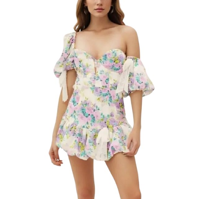 Off-the-shoulder playsuit with lace trim and floral pattern