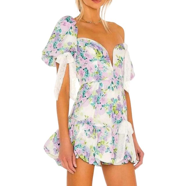 Off-the-shoulder playsuit with lace trim and floral pattern