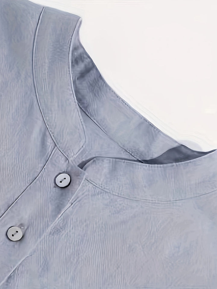 Women's - Linen Shirt - Light Blue Long-Sleeved with Split Sleeves - Elegant and Comfortable Style