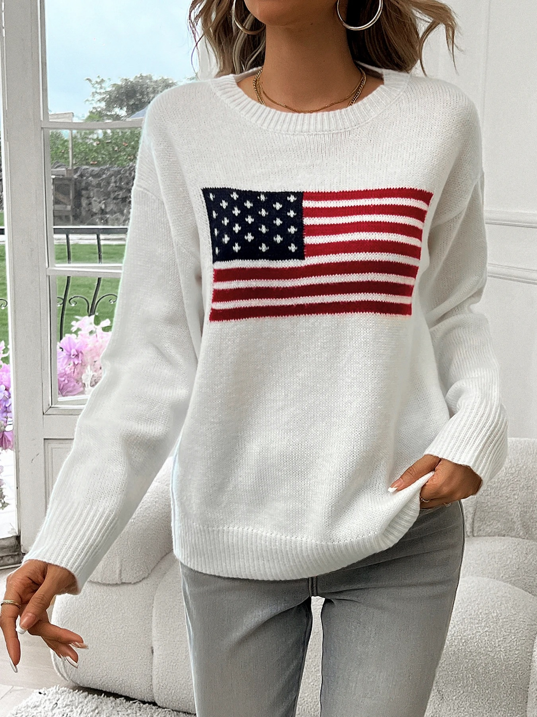 Casual knitted jumper with American flag print - women's jumper