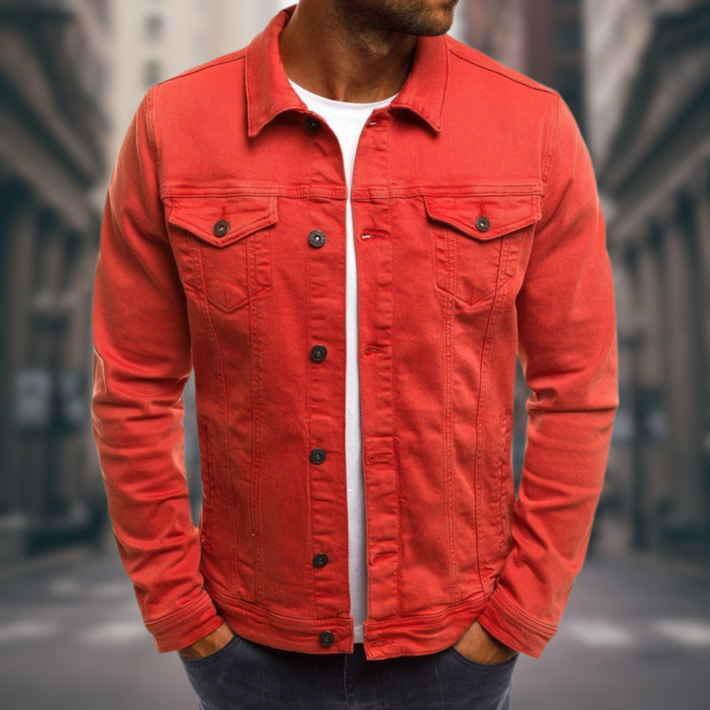 Men's - Classic Fit Stretch Denim Jacket with Button Closure
