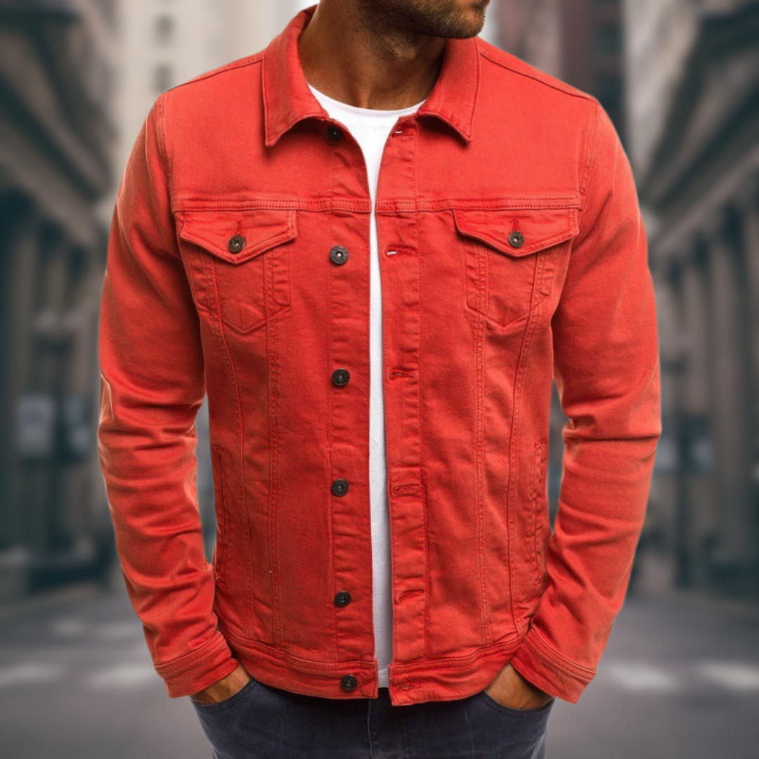 Men's - Classic Fit Stretch Denim Jacket with Button Closure