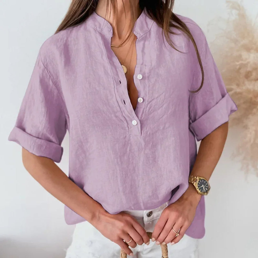 Purple blouse with a sophisticated stand-up collar