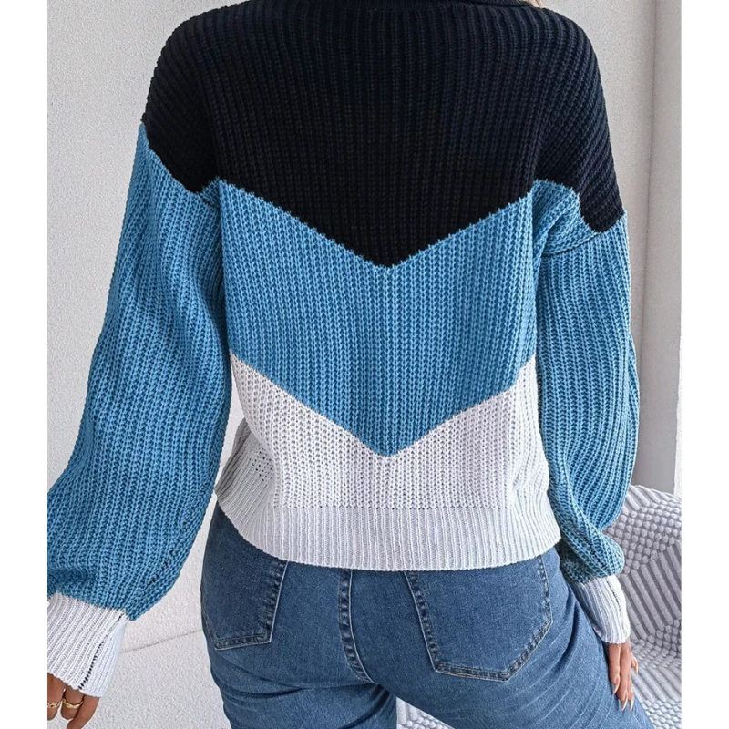 Knitted women's jumper with V-neck, casual colour block