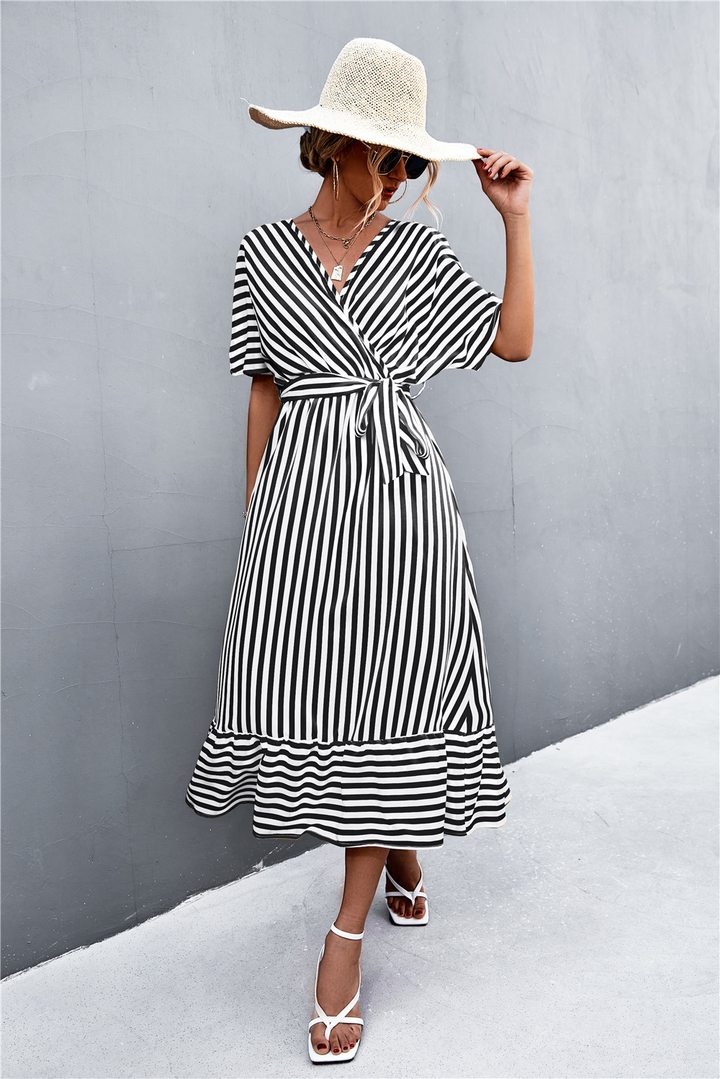 Striped long dress with wrap pattern