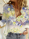 Women's -  Linen Shirt - Floral Pattern, Long Sleeves & Upturned Collar - Romantic Style for Effortless Elegance