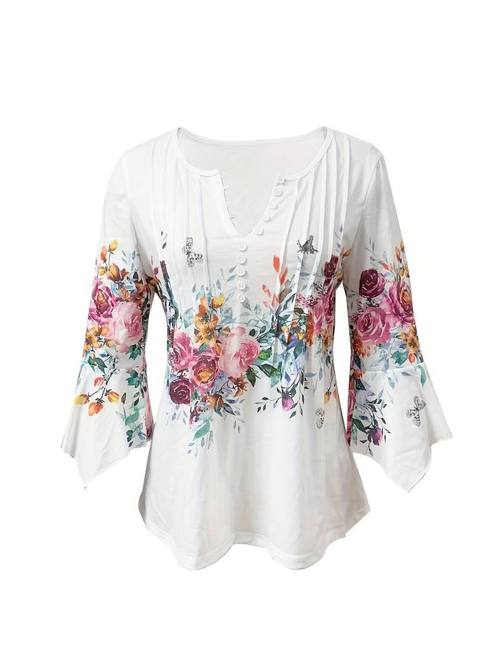 Blouse with slit neckline and floral print