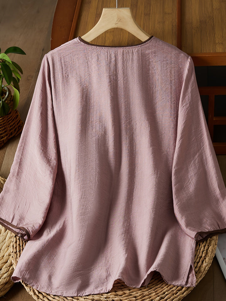 Women's - Linen Shirt - Women's 3/4 Sleeves, Pearl Buttons & Embroidery, Retro Style with Slanted Hem