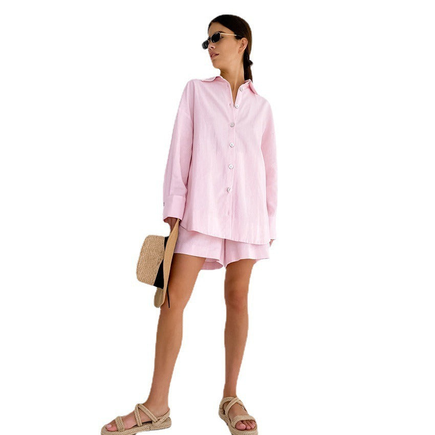 Loose long-sleeved top and shorts set