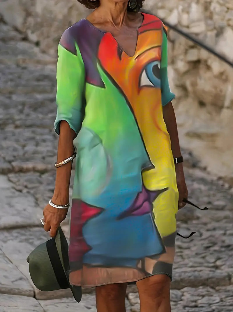 Casual Midi Dress With V-Neck and Abstract Print With Half Sleeves