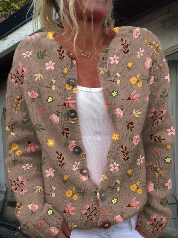 Women's - Cardigan - Floral Pattern - Round Neckline - Cozy Style