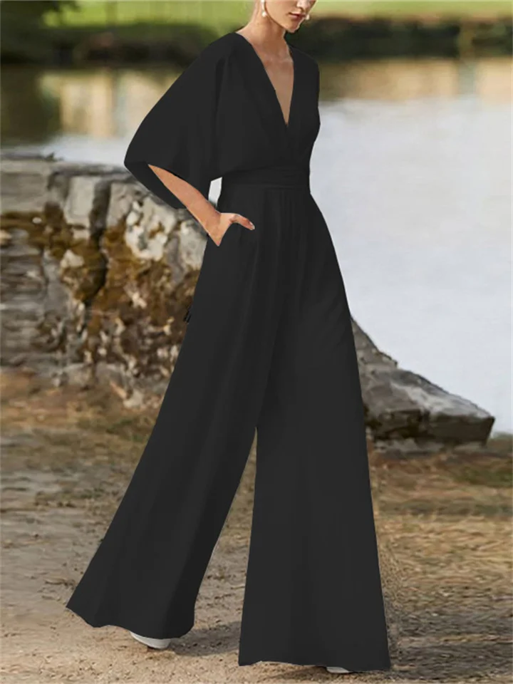 Women's - V-neck Jumpsuit - Wide Leg Design
