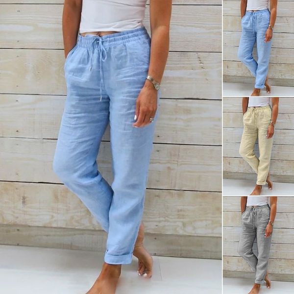 Women's - Linen Trousers - Cotton Blend, Elasticated Waistband - Comfortable Summer Essential