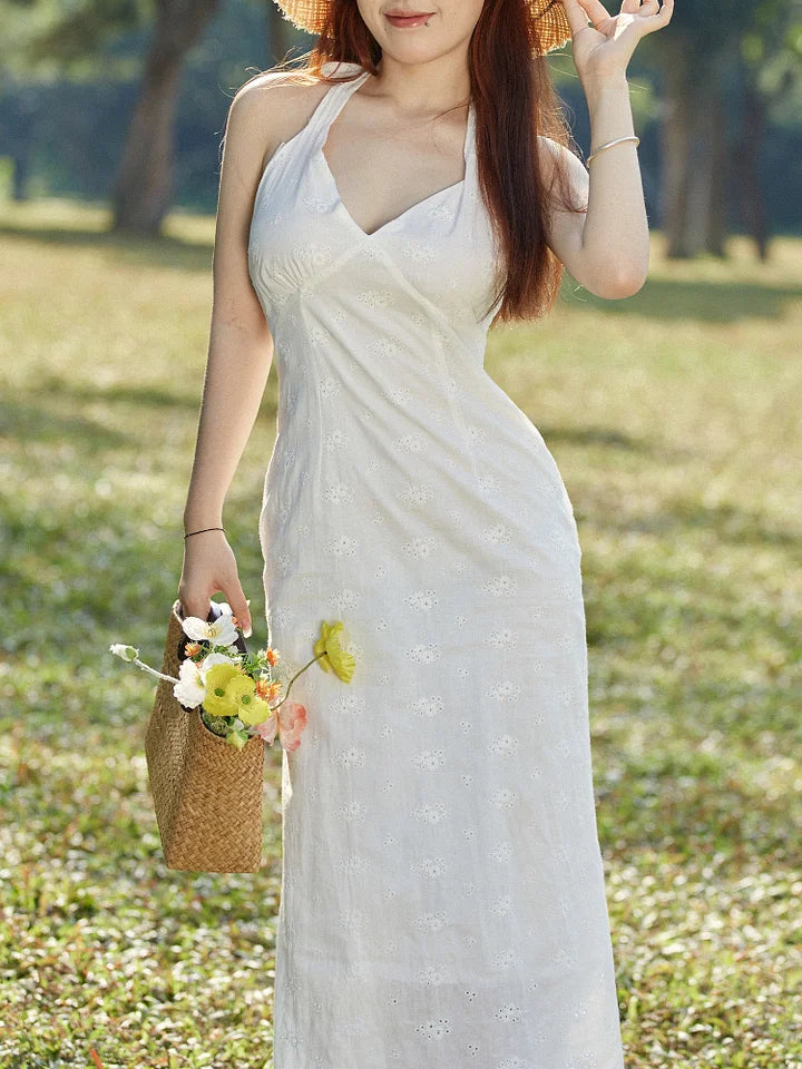 White midi dress with crocheted lace