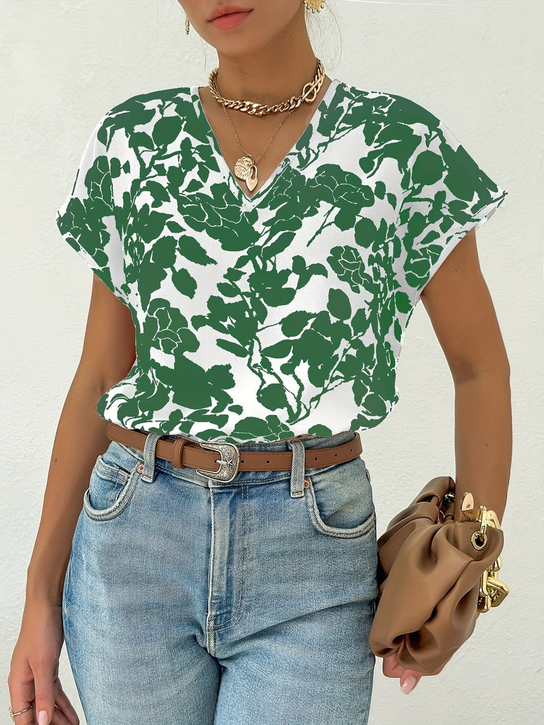 Short-sleeved top with V-neckline