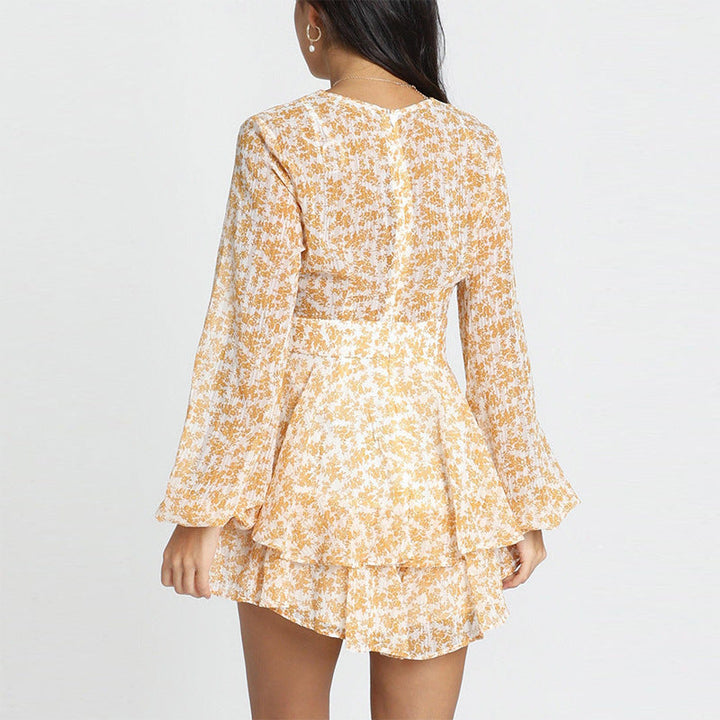 Graceful V-neck chiffon long sleeve print lace dress