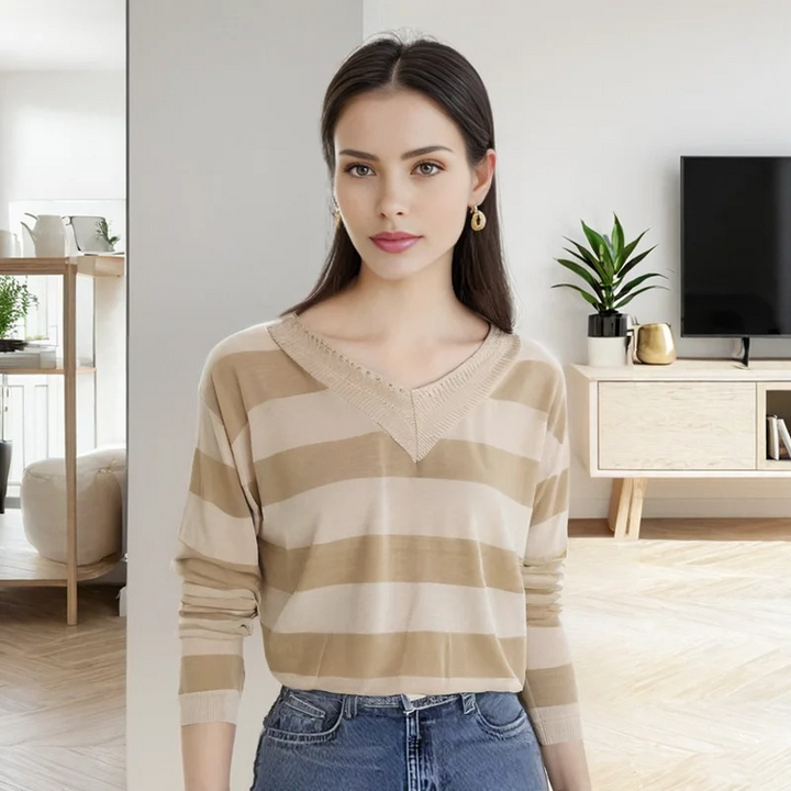 Trendy Striped Women's Sweater with Loose Fit - V-Neck Design