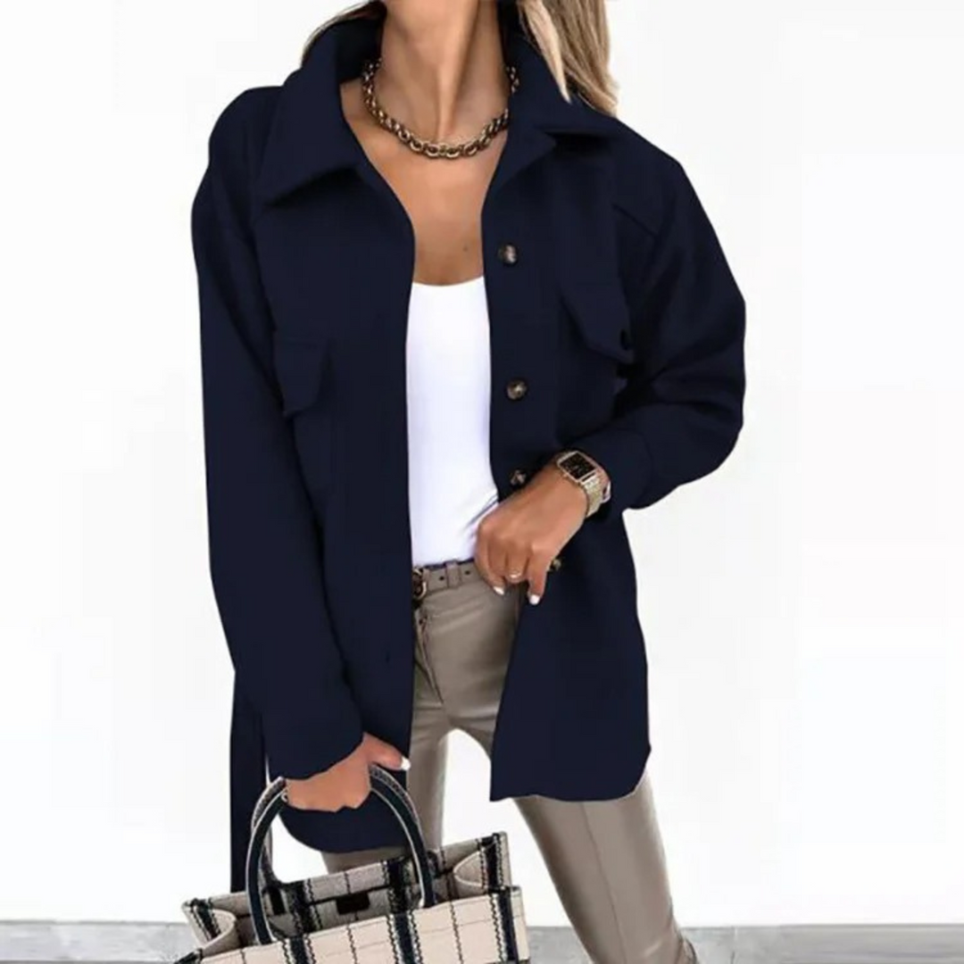 Blue Turned Collar With Button Fleece Long Summer Jacket