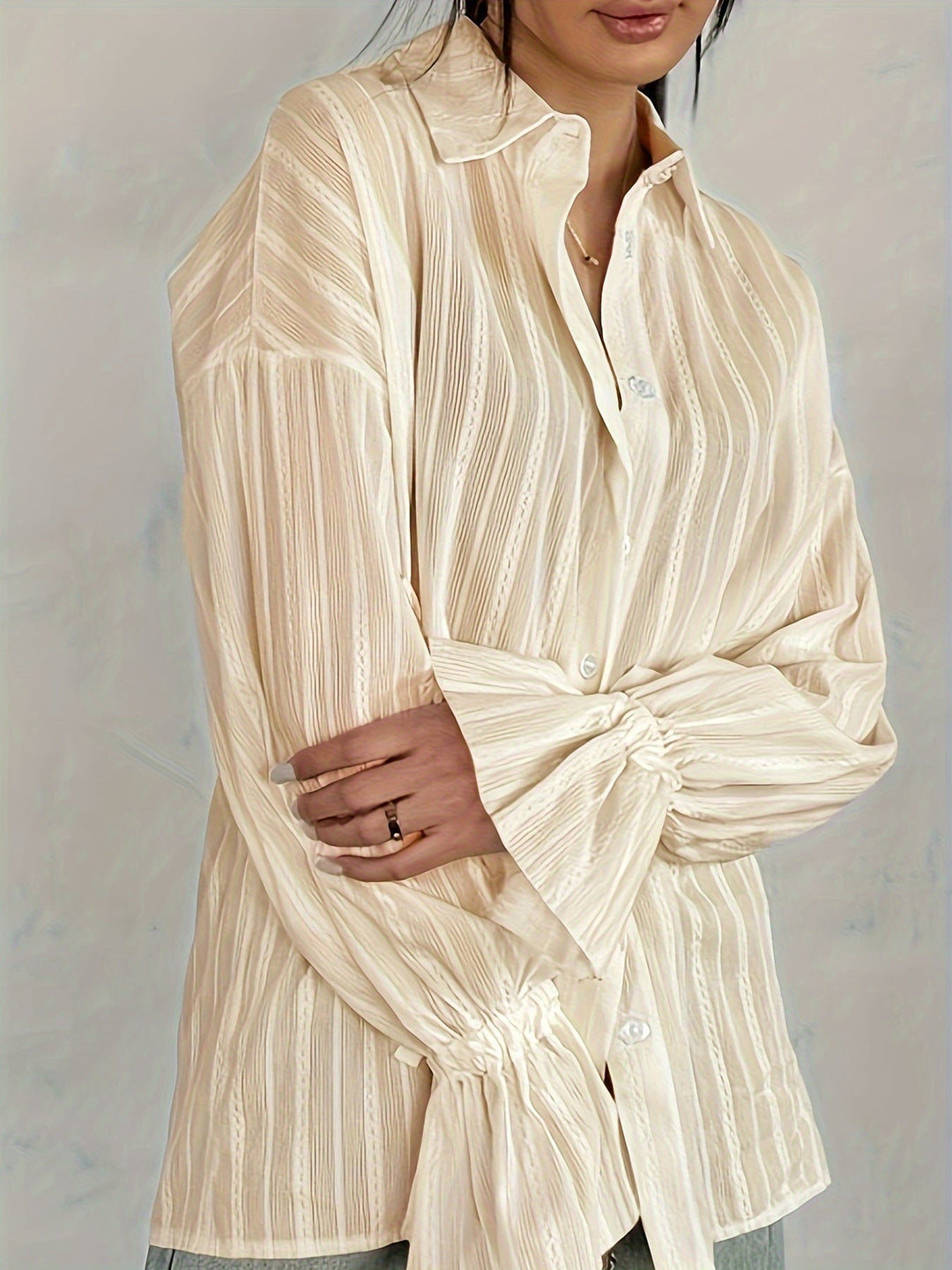 Women's -  Long Sleeve Linen Blouse - Collared & Semi-Transparent Shirt - Stylish Women's Top