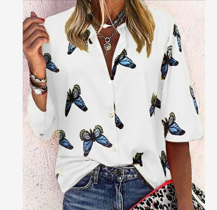 Trendy New Butterfly Print Lapel Blouse Fashion