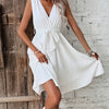 Women's - White Sleeveless Summer Dress with V-Neck and Belt