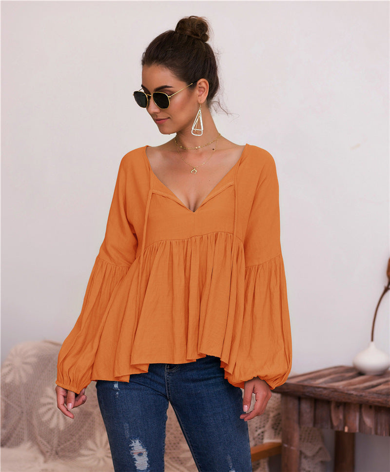 Puff sleeves single-coloured V-neck blouse T-shirt