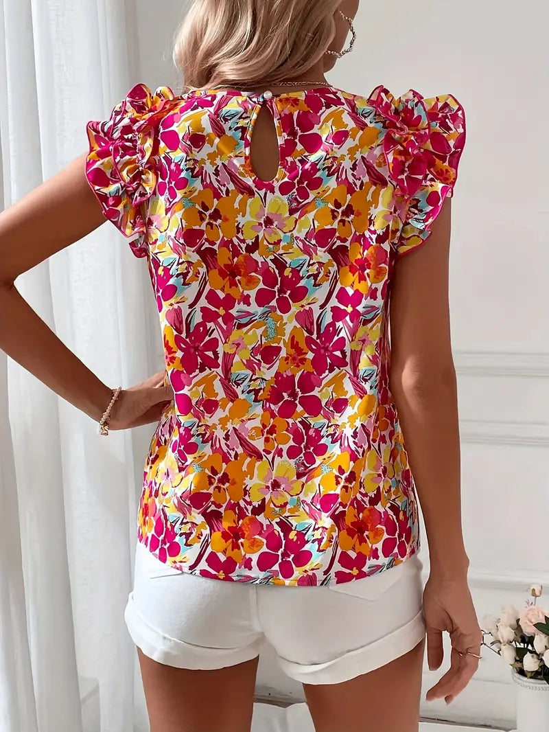 Elegant Blouse With Round Neckline, Floral Print and Ruffles