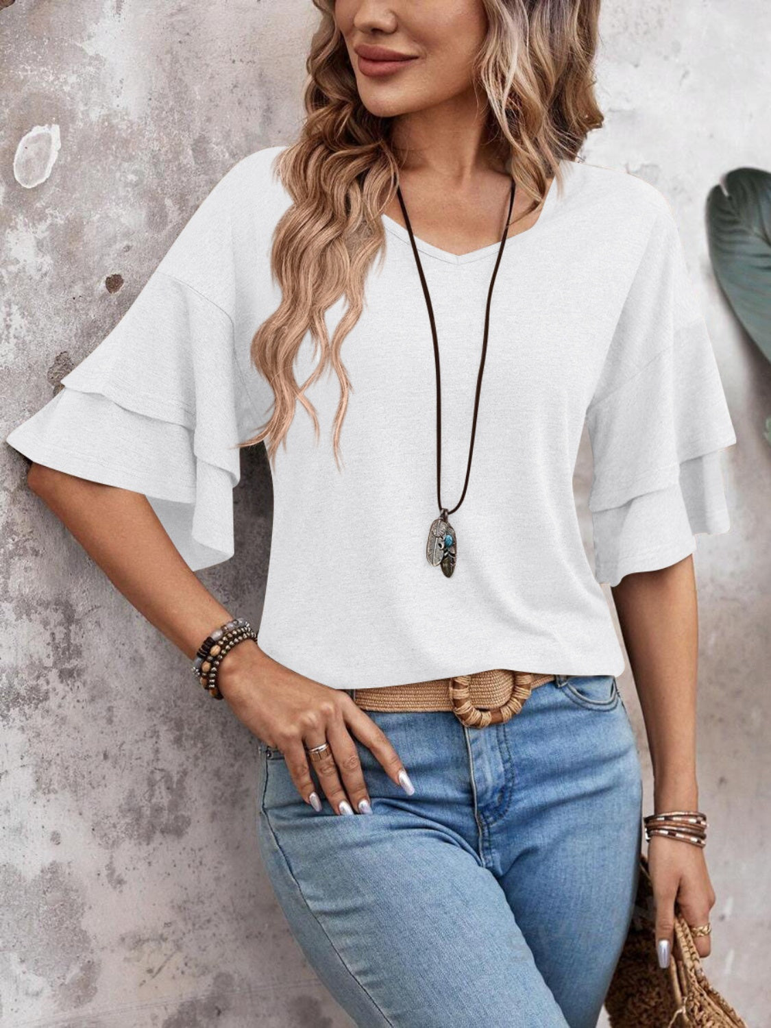 Women's - V-Neck Half Sleeve Blouse - Soft Fabric - Stylish Top