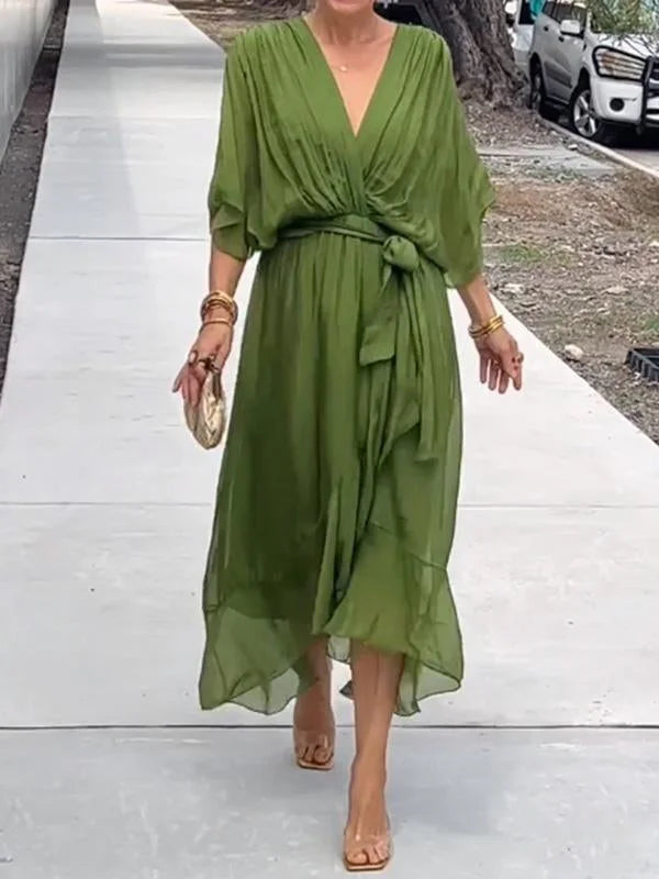 Green chiffon dress with V-neck ladies