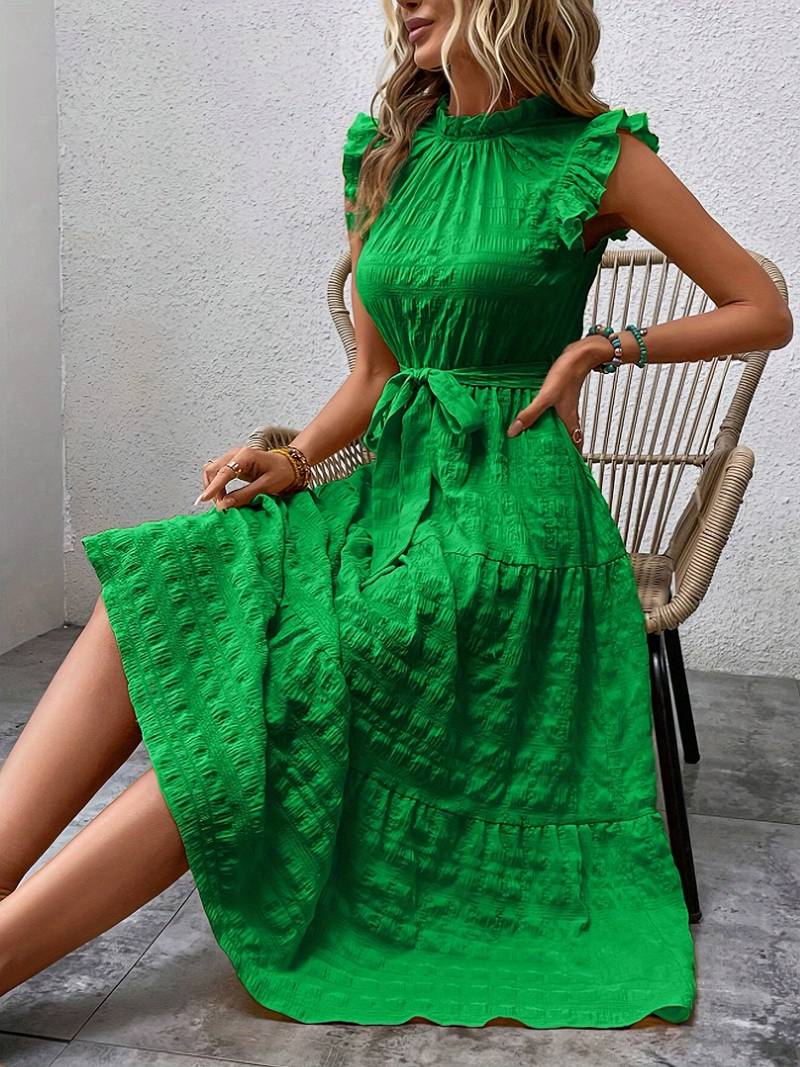 Stylish Dress with Belt and Neck Ruffles