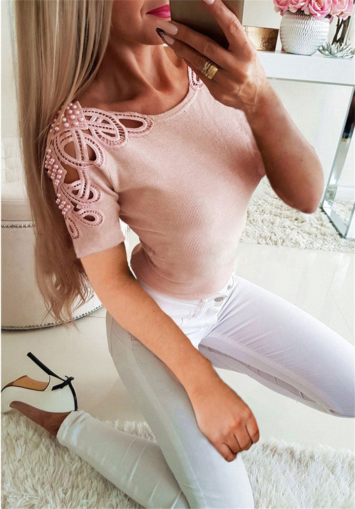 Trendy Hollow Slim Shoulder Lace Blouse