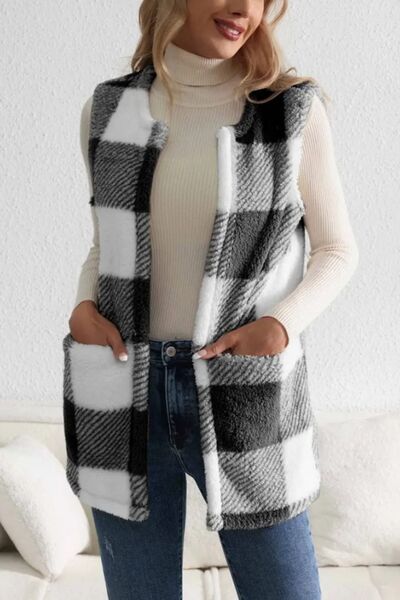 Women's - Cosy Sherpa Plaid Open Front Vest Coat - Stylish Layering Essential