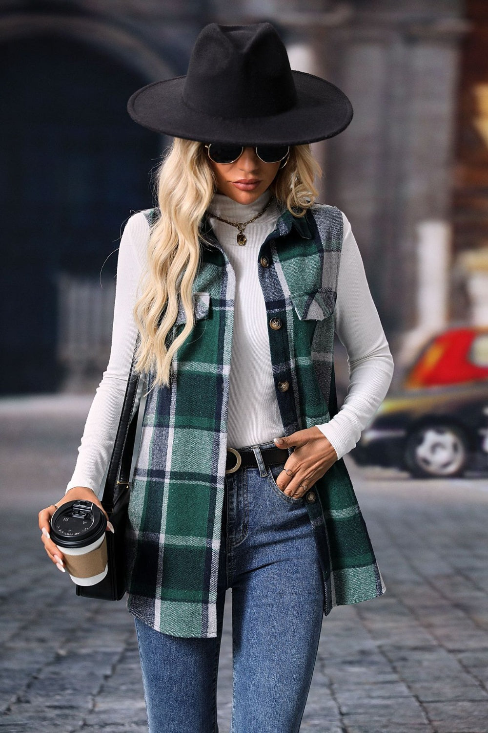 Women's - Plaid Button Up Vest Coat - Stylish Layering Piece - Classic Design for All Occasions